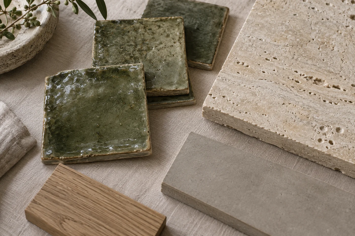 Visualisierung einer Materialauswahl mit handwerklich wirkenden grünen Keramikfliesen, Naturstein und Holz