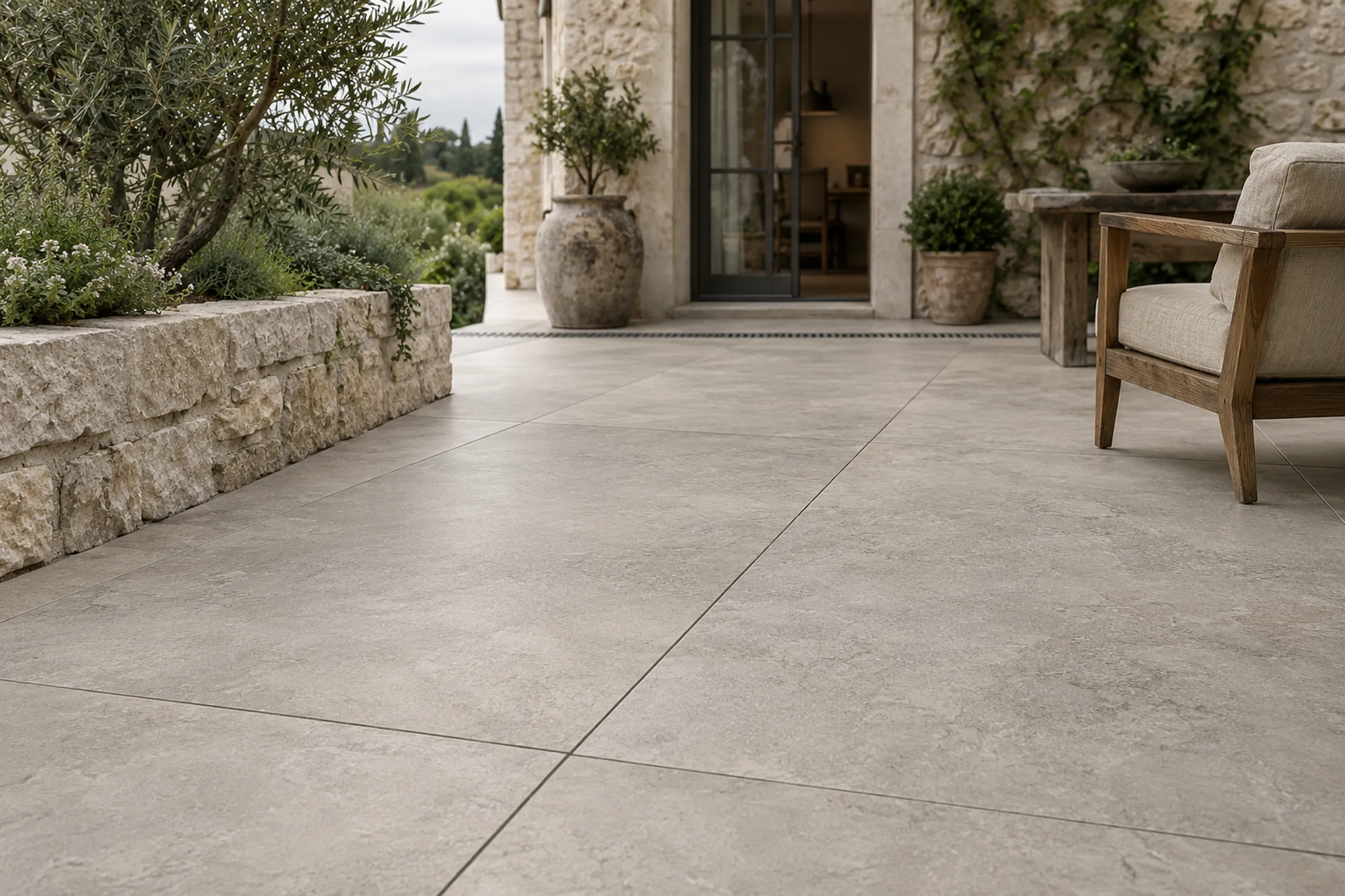 Terrasse mit großen graubeigen Bodenplatten, Sitzbank und Natursteinmauer