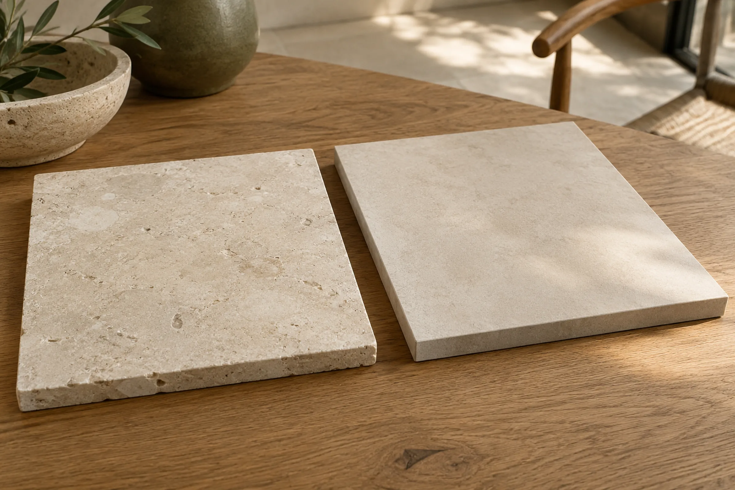 Zwei beigefarbene Materialmuster mit unterschiedlicher Steinstruktur auf einem Holztisch