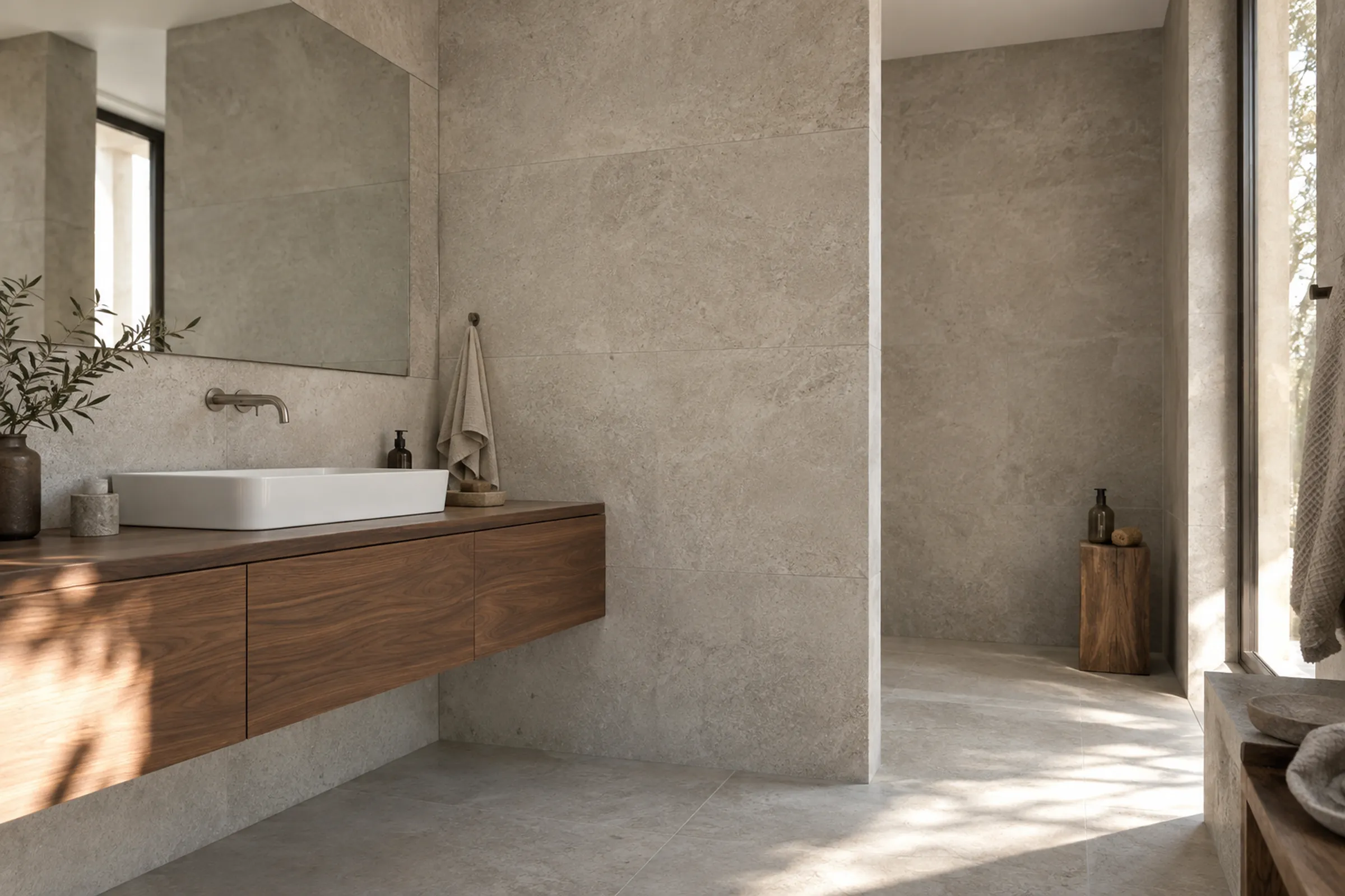Bad mit großformatigen hellen Wandplatten, Dusche und Waschtisch